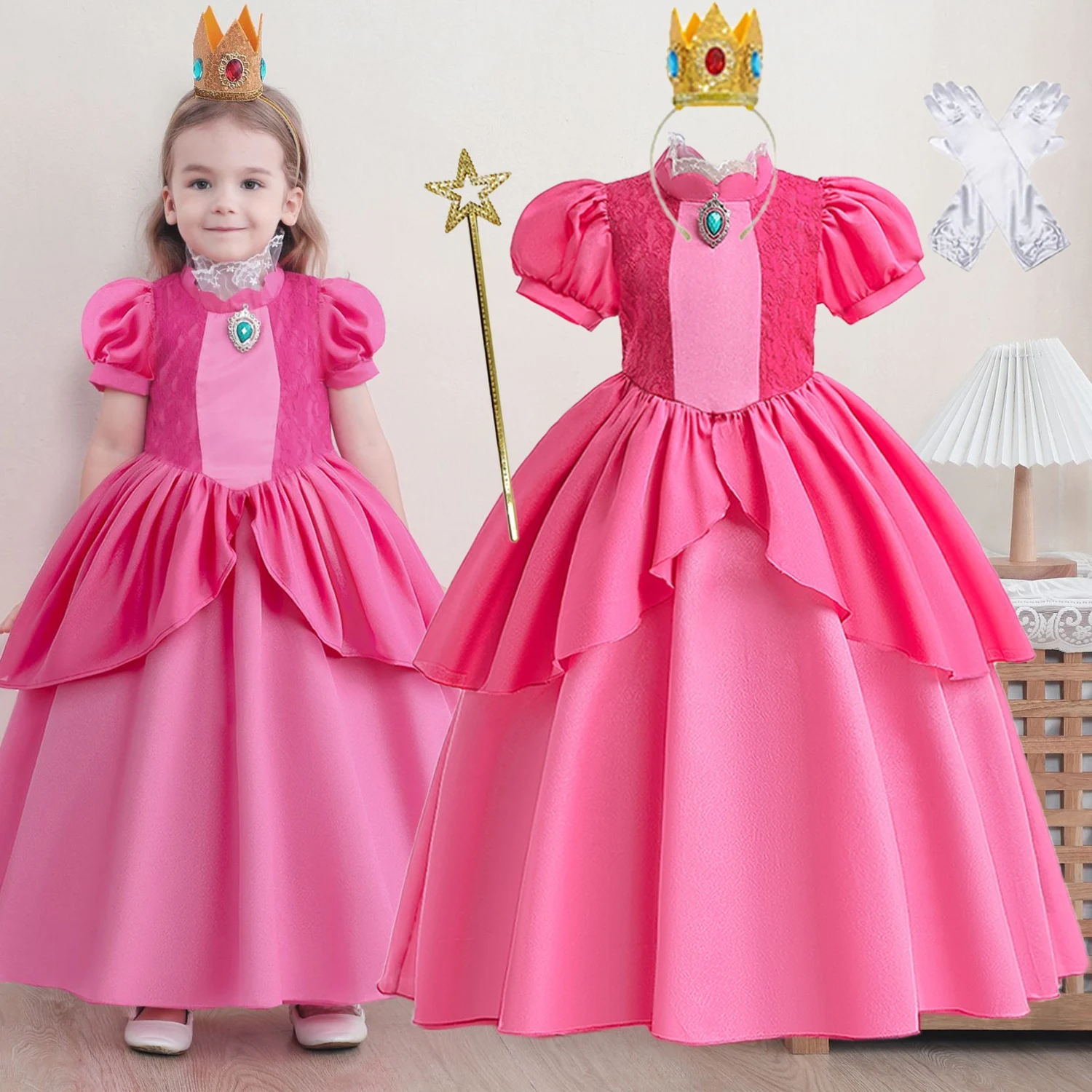 Fancy Peach Princess Girl Dress Movie Role Playing Cosplay Costume Birthday Party Stage Performace Carnival Outfits Kids Clothes