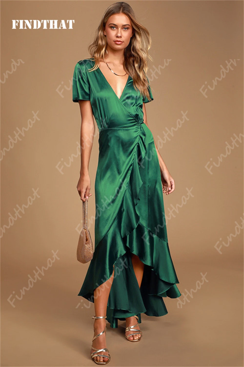 Findthat Elegant Green High-Low Deep V-Neck Satin Bridesmaid Dress for Wedding Short Sleeves Ruffles Slit A-Line Party Gown 2024