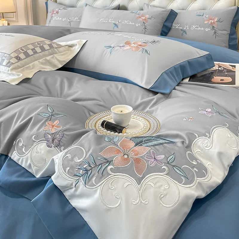 1 Set Light Luxury Style Cotton 100% 160 Count Long Staple Embroidery Bedding Duvet Cover Set 200x230 220x240 Four Seasons