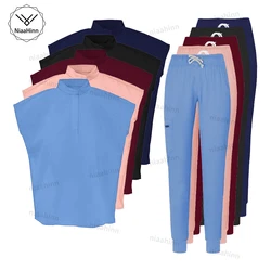 Medical Uniform Nursing Scrub Joggers Sets Women Solid Color Nurse Doctor Surgical Gown Breathable Short Sleeved Top+pants Women