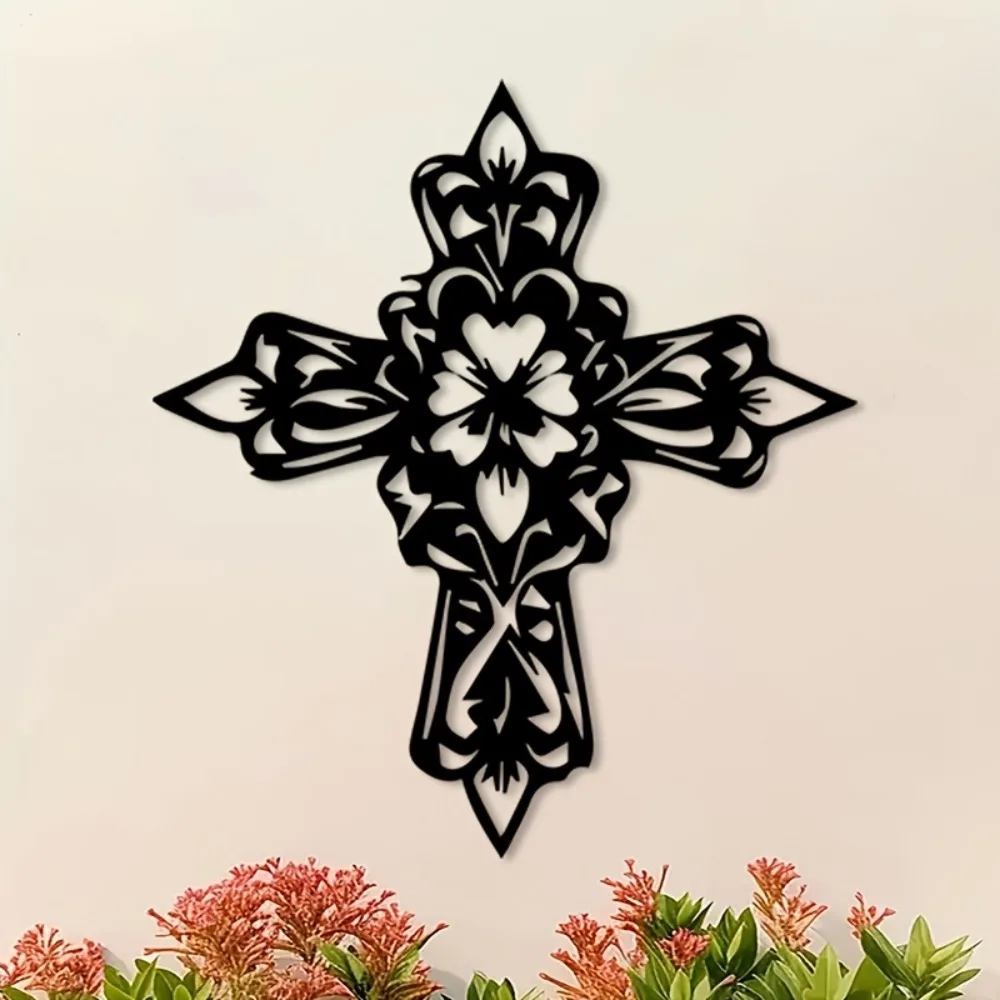 CIFbuy  Religious Floral Cross Metal Wall Sculpture, Elegant Iron Church Decor & Housewarming Gift