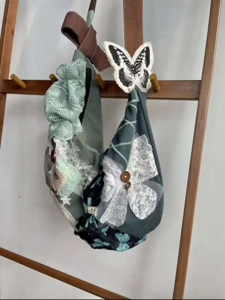 Sweet Lace Butterfly Patchwork Vintage Button Tote กระเป๋านักเรียนกระเป๋าสะพายนักเรียนวัยรุ่นของขวัญ B1978 hit