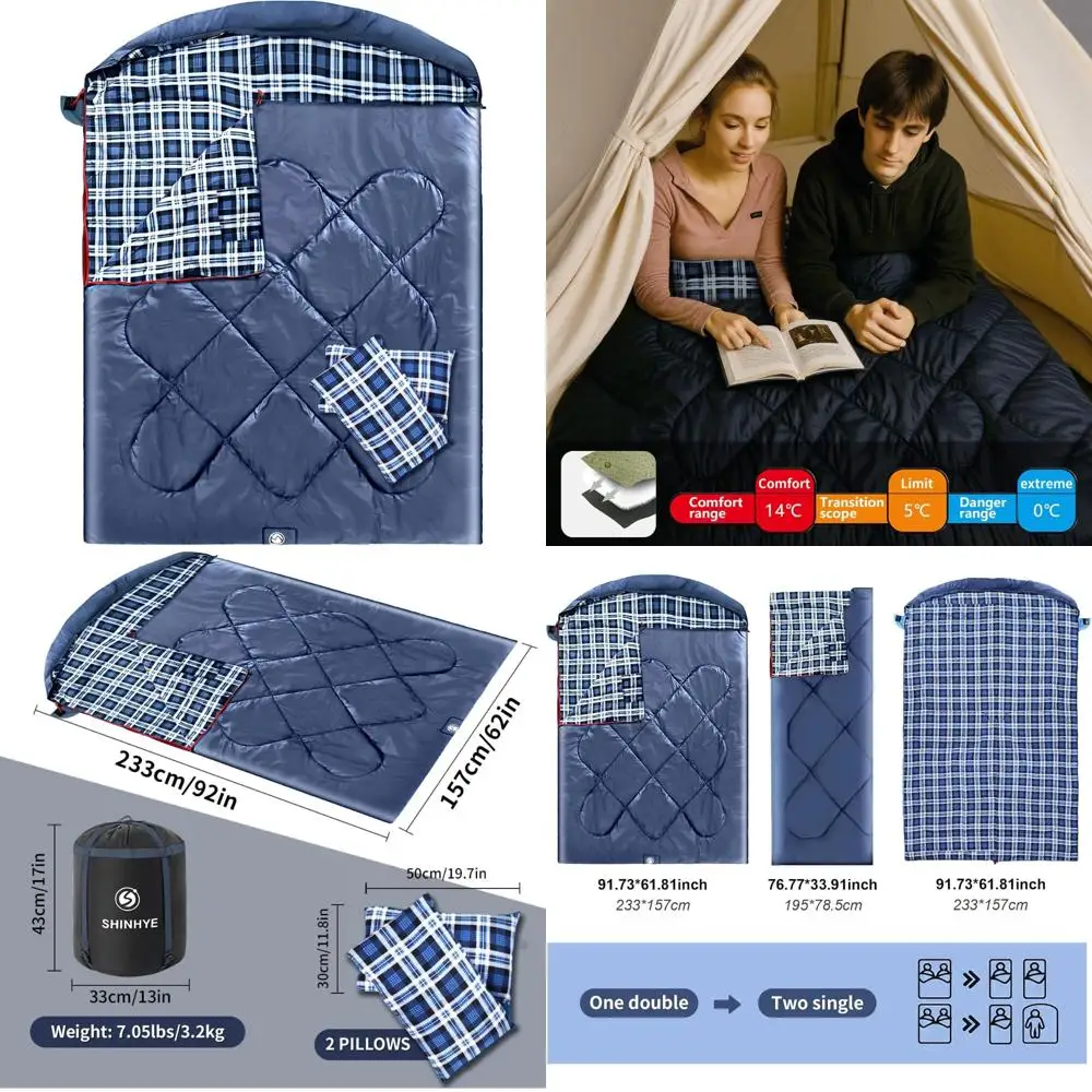 

Camping Sleeping Bag for Adults - 2 Person Flannel Cotton XXL Queen Size with 2 Pillows