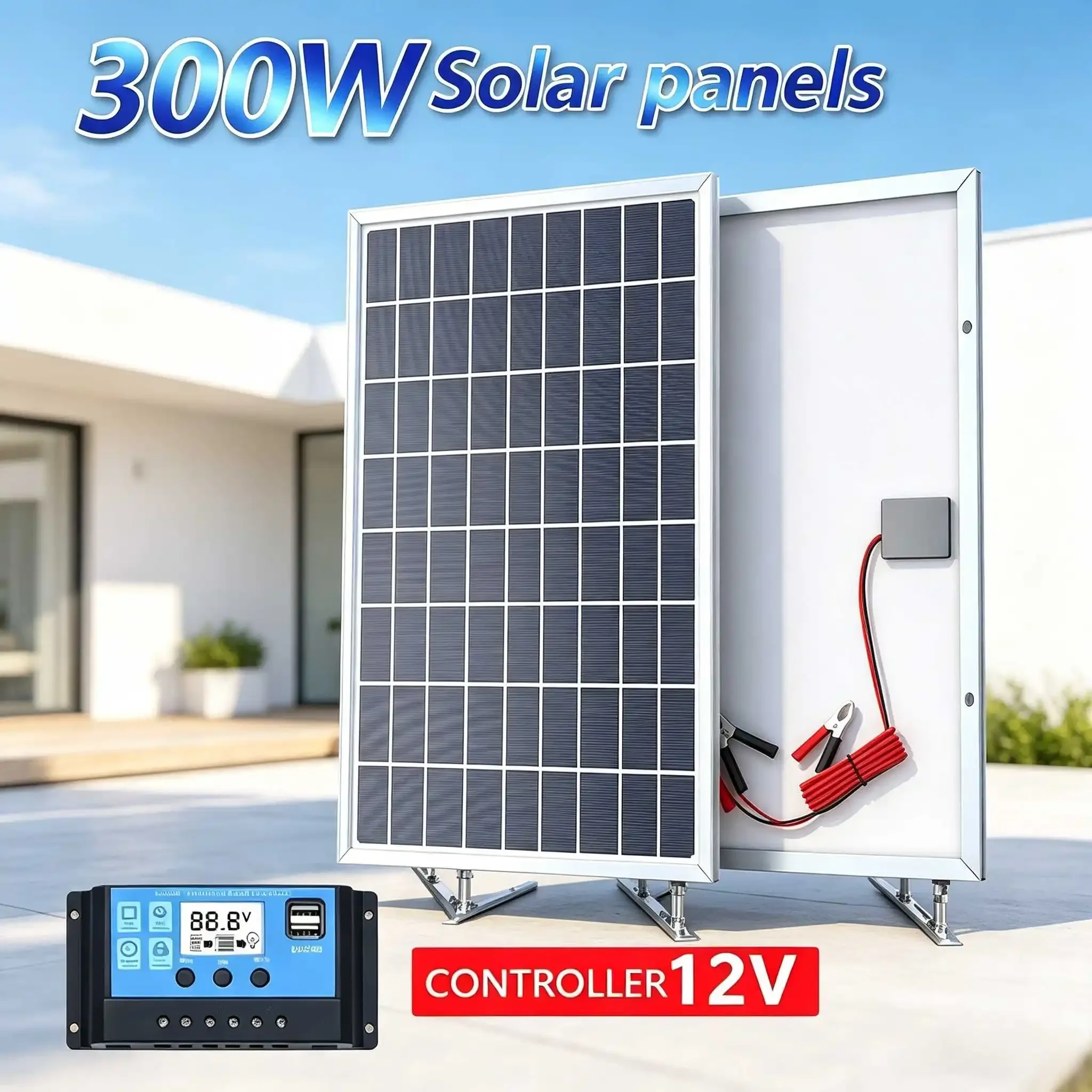 Portable 300W Solar Charging Kit, 12V Output with USB Fast Charging, High-Efficiency Panel for RVs, Homes, and Off-Grid Life