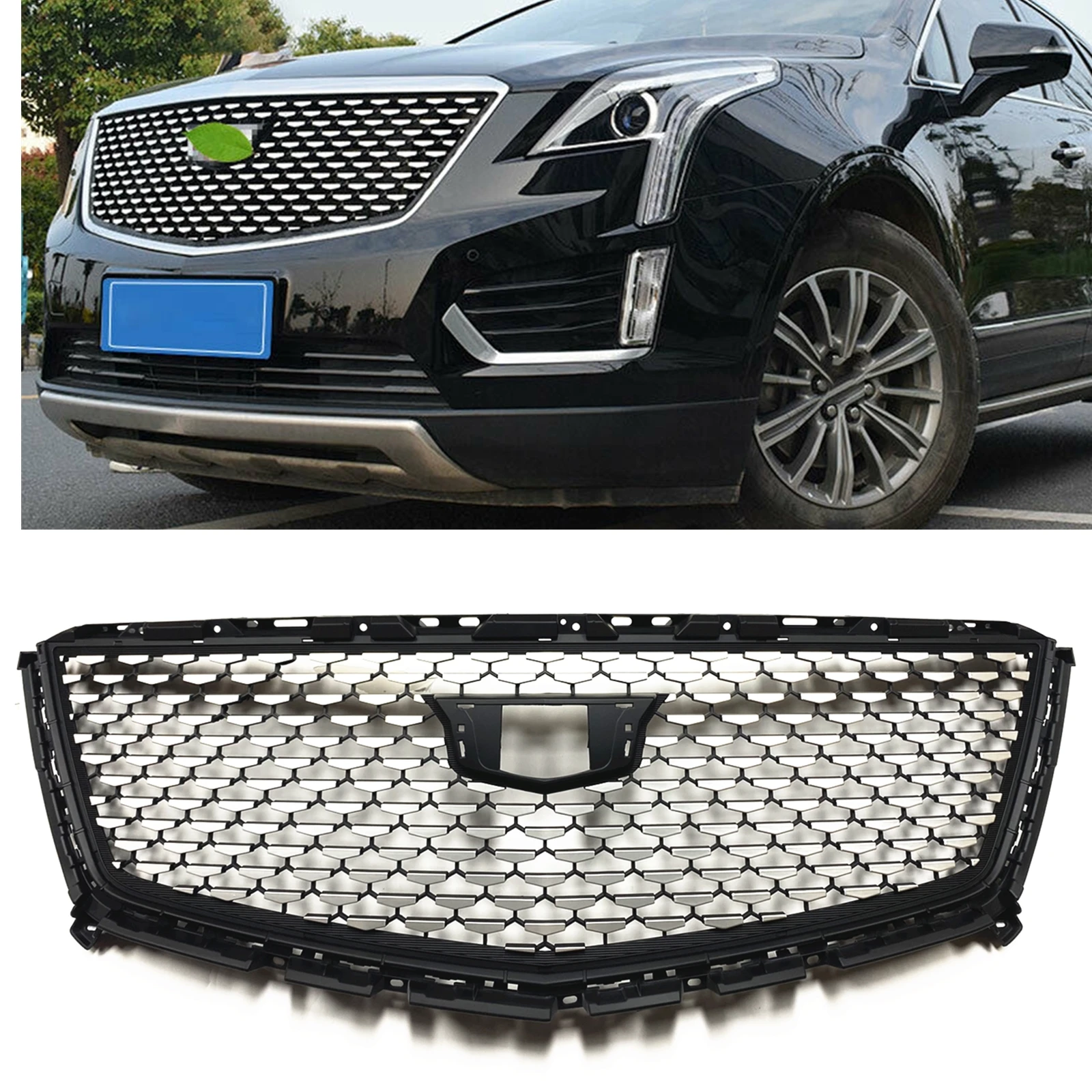 

Front Grille Racing Grills For Cadillac XT5 2016 2017 2018 2019 2020 2021 2022 2023 Silver/Black Car Upper Bumper Hood Mesh Grid