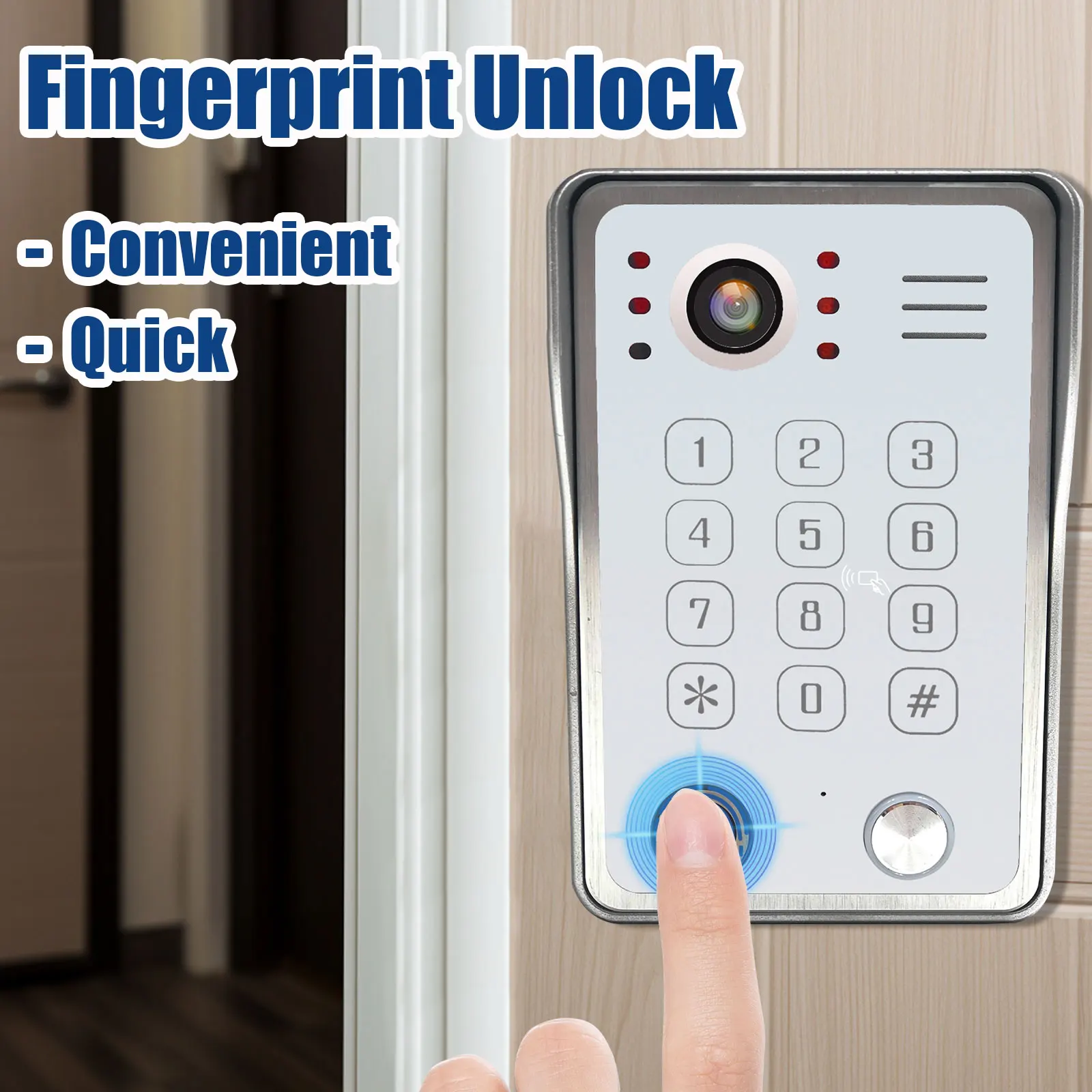 Fingerprint IC Card Password Unlock, Video Porteiro para Casa, Porta Campainha, 1080P, 148 ° Wide View, Proteção de Segurança, 3 em 1