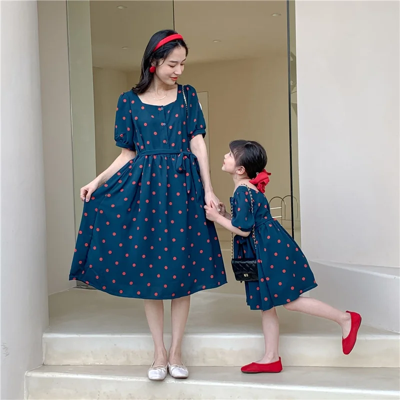 

Polka Dot Dress Parent Child High-End Chiffon Dress Mom Girls Temperament Retro Dress Summer