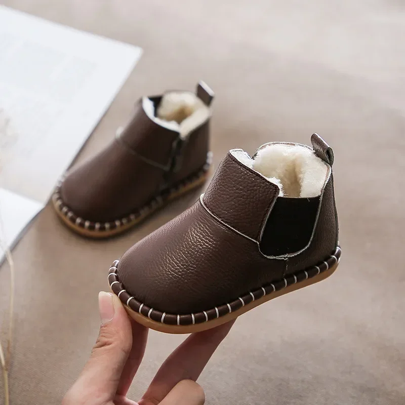 Botas de nieve para niños y niñas, zapatos impermeables de piel auténtica, de felpa, fondo suave, cálidos, de invierno