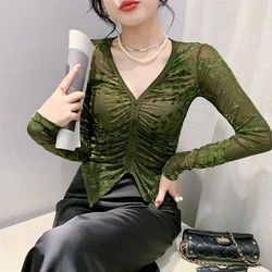 # 7332 Lente Zomer Vintage Onregelmatige T-shirt Vrouwen V-hals Dunne Mesh Lange Mouw T-shirt Retro Streetwear Korte T-shirt Vrouwelijke