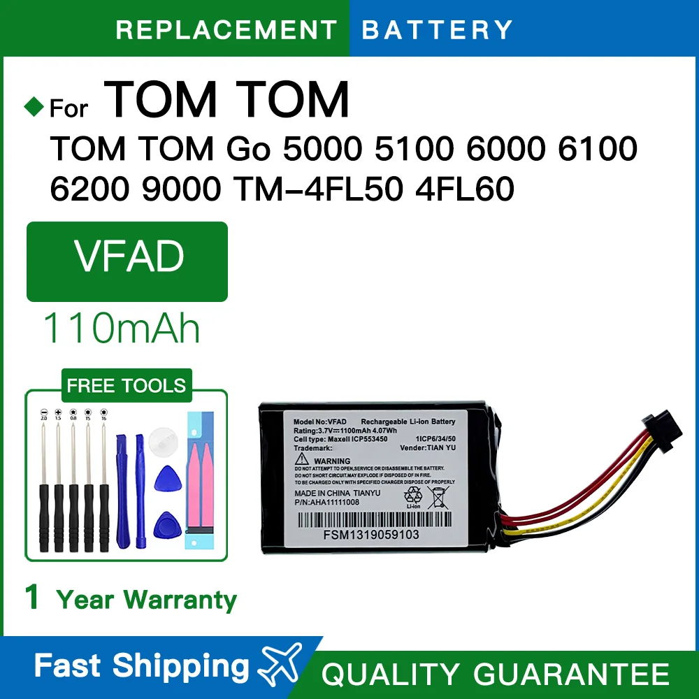 New Battery For VFAD TOM TOM Go 5000 5100 6000 6100 6200 9000 9000 AHA11111008 TomTom TM-4FL50 4FL60 1100mAh Navigation Battery