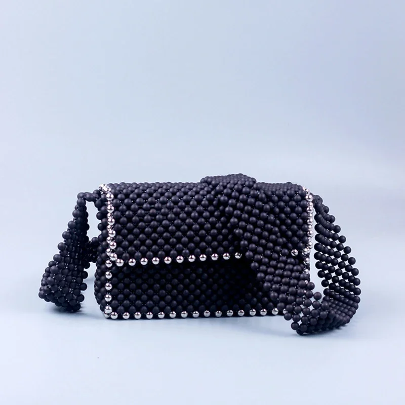 

New Black Frosted Acrylic Beads Designer Bags Contrast Silver Handmade Casual Versatile Messenger Purses and Handbags