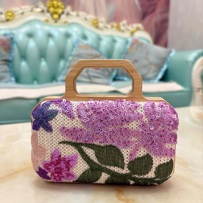 

Новая сумка для ужина с вышитыми блестками и цветами знаменитостей, женский клатч на цепочке, деревянная сумка-коробка