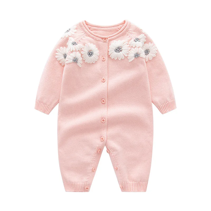 0-24M Flower Embroidery Baby Girl Romper Sweater Newborn Kid Winter Clothes Long Sleeve Knit Jumpsuit Cute Sweet Outfit