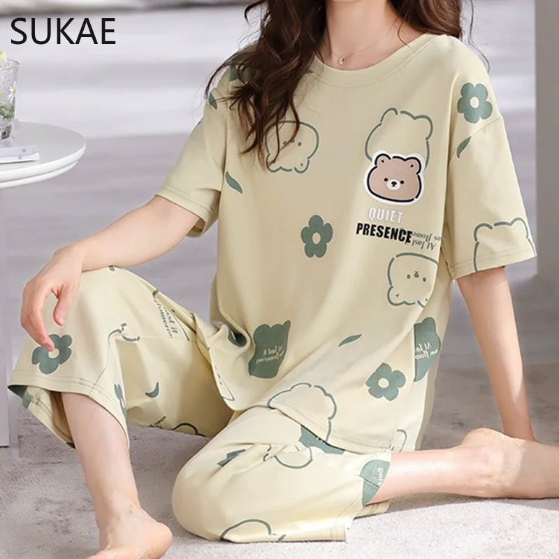 SUKAE Womens Plus Size Pajamas M-5XL Knee-length Casual Woman Sleepwear Big Size Ladies Elegant Floral Printing Pyjama Home Suit