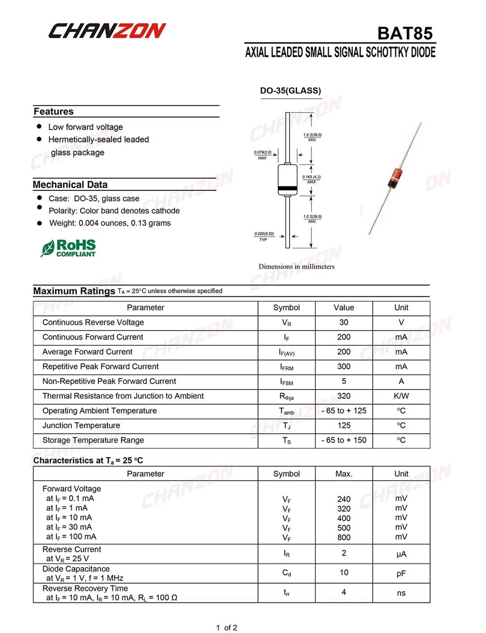 100 Pcs BAT85 Schottky Barrier Rectifier Diodes 200mA 30V DO-35 DO-204AH Axial 0.2A 30 Volt Small Signal Switching