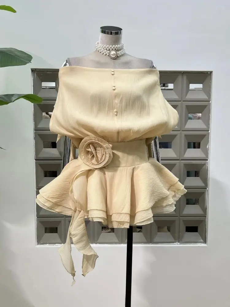 

New Chiffon Three Pieces Birthday Party Outift Chic Women's Clothing Trendy Sexy Off Shoulder Top Skirt Sets Flower Decoration