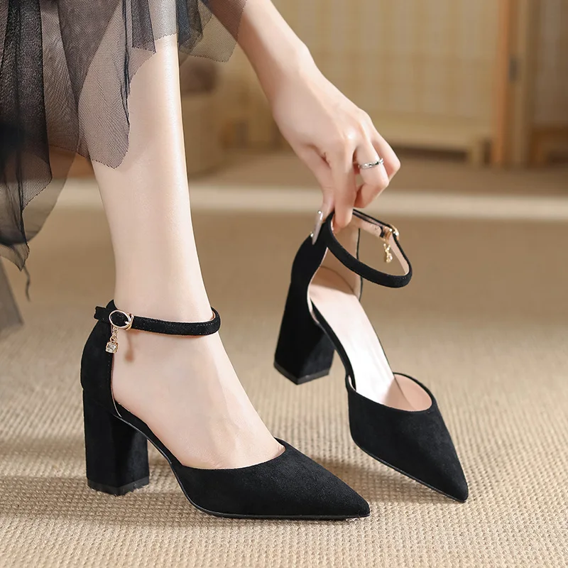 Size 30-44 Chunky High Heels Women Shoes Point Toe Ankle Strap Suede Large Size Office Work Shoes