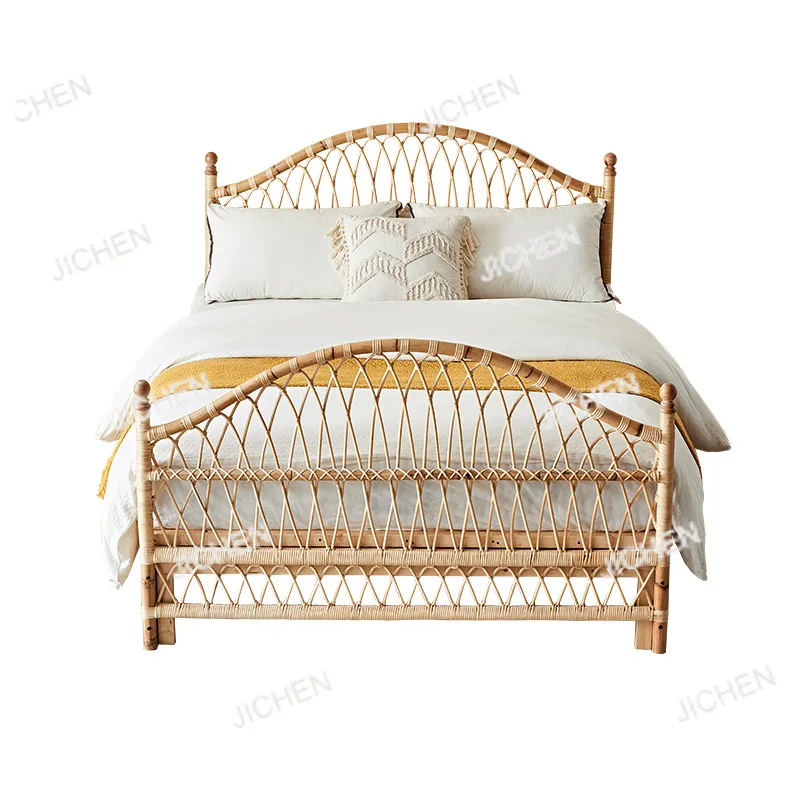 

New Chinese rattan art rattan bed home bedroom handmade rattan bed wabi-sabi style second-hand 1.8 meters double half-moon