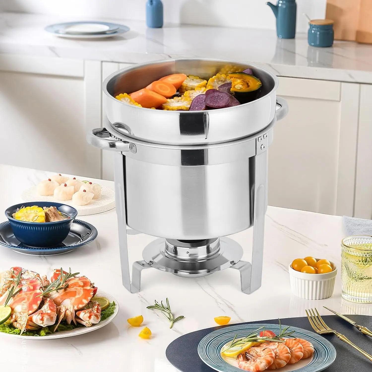 2 Pack 7 Qt Commercial Soup Chafer & Chafing Dish Set, Stainless Steel Round Food Warmers with Pots, Notched Lids & Fuel Holders for Banquet, Buffet & Catering