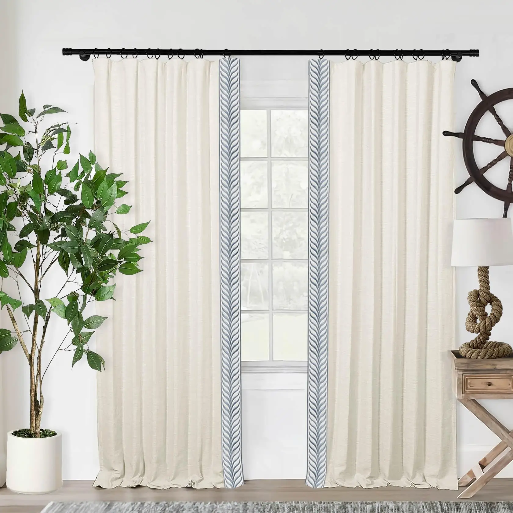 105 inch Blackout Curtains with Embroidery Trim 2 Panels Linen Lined Black Out Thermal Insulated Curtains for Bedroom