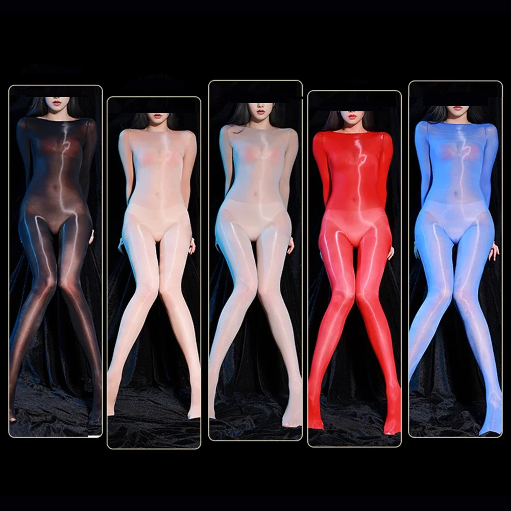 المرأة مثير الزيتية لامعة رقيقة جدا انظر من خلال كامل بوديستوكينج بأكمام طويلة نادي الحفلات حريري ضيق كامل الجسم السيدات جوارب