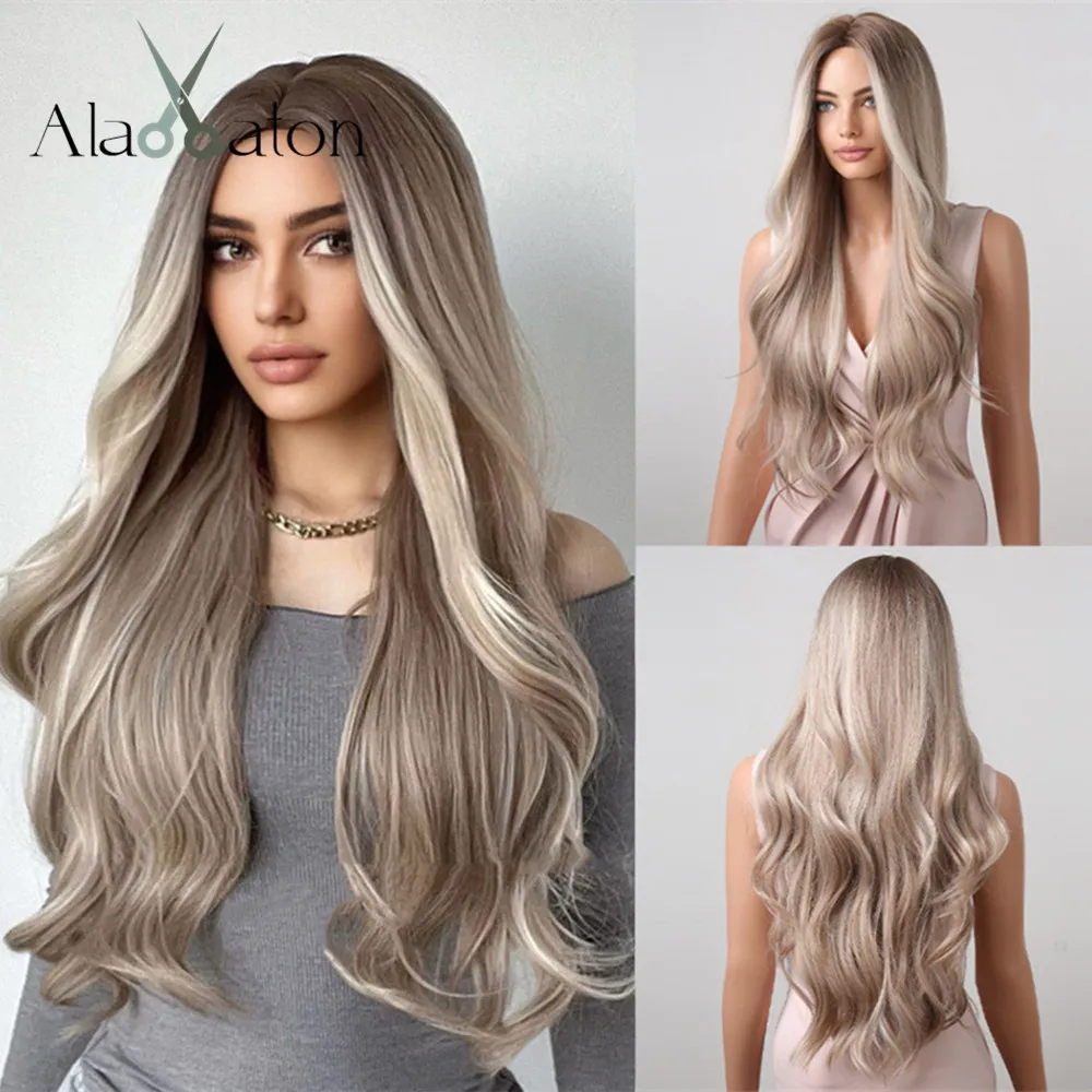 ALAN EATON Platinum Blonde with White Highlight Dark Roots Synthetic Hair Wigs for Women Long Wavy Cosplay Wig Heat Resistant