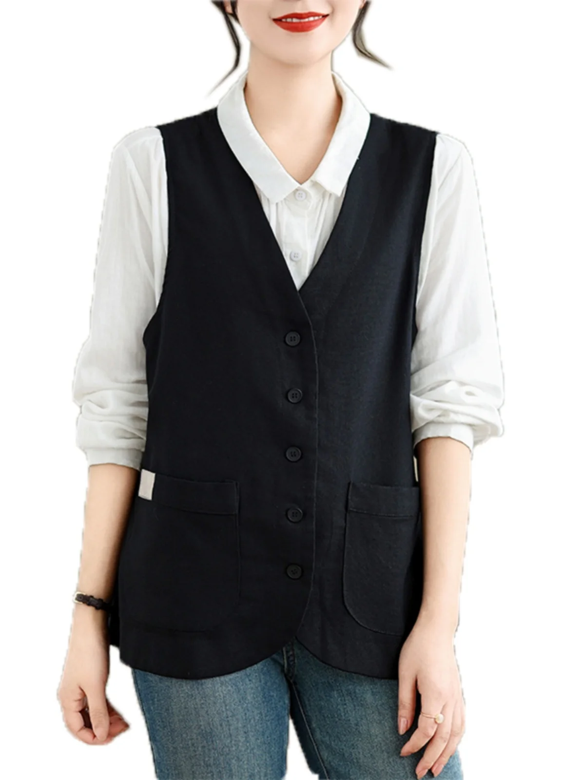 Vrouwen Katoen Linnen Vest ort Svel V-Ne Jaet Dunne Bovenkleding Top Koreaanse Sle Retro Lente Herfst Gelaagdheid Kleding