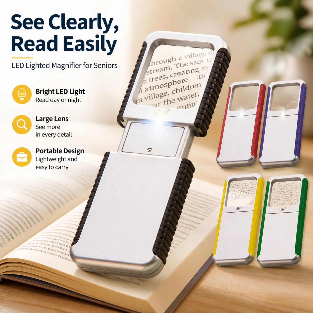 Portable LED Illuminated Magnifying Glass for Elderly Reading Pocket Handheld Magnifier with Light for Seniors Low Vision Tool