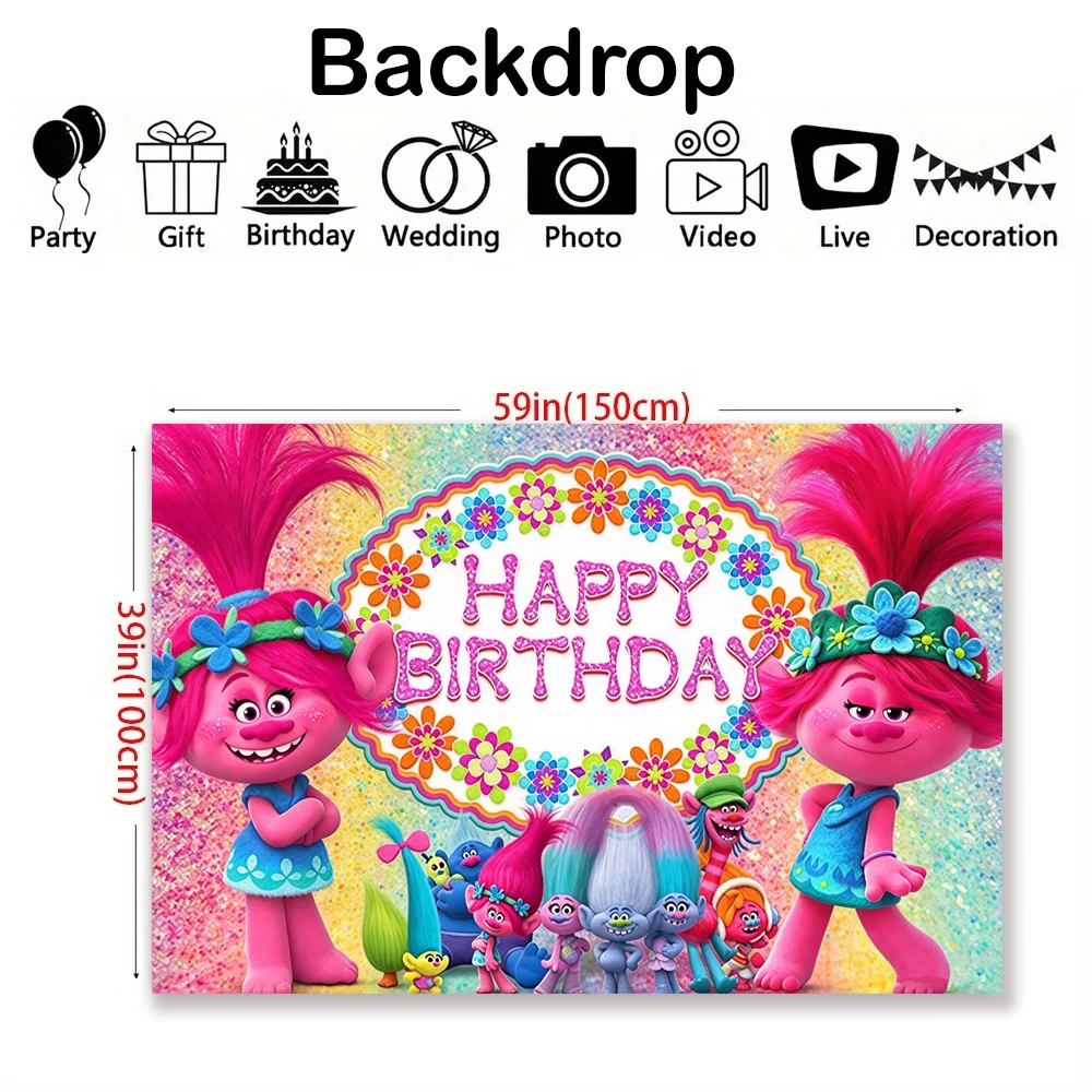 Cartoon Topic Trolls Birthday Party Supplies Elves Ornament Baby Shower Girl Gifts Party Set Banner Cake Topper Latex Balloon