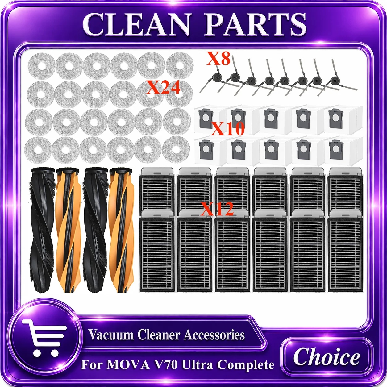 Accessories For MOVA V70 Ultra Complete Vacuum Cleaner Replacement Spare Parts Filter Main Side brush Mop Cloth Dust Bag