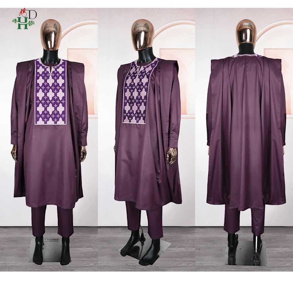 H&D Pria Kasual Kaftan Longgar Muslim Thobe Jubba Dishdasha Thawb Dress 3PCS Set Agbada Arab Warna Ungu Bordir Jubah Baru 2026