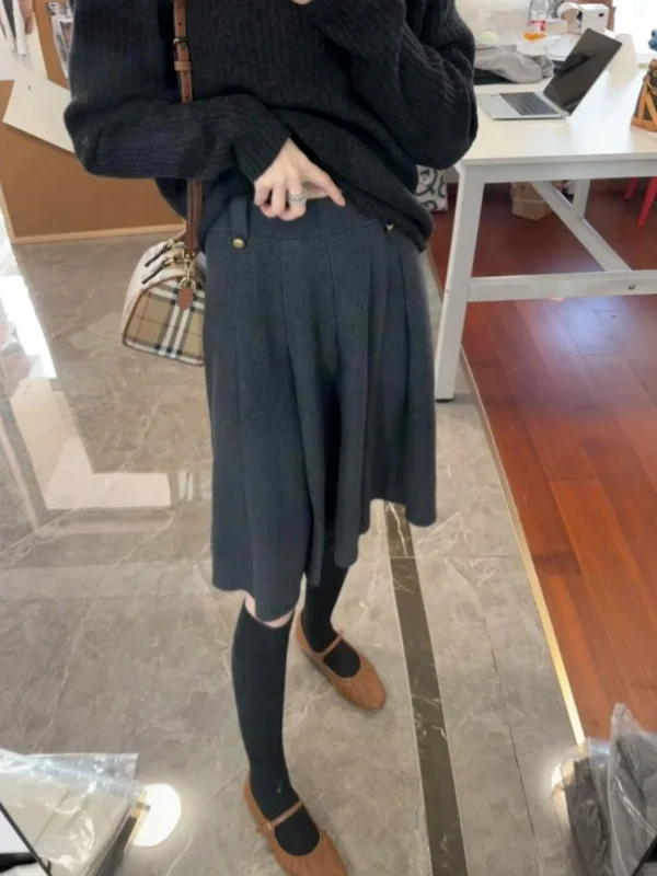

Gray Knitted Skirt Women's Small Size Suit Skirt Autumn Winter New Style Pleated A-Line Skirt Woolen Medium Skirt