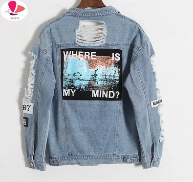 

Women Frayed Denim Bomber Jacket Appliques Print Where Is My Mind Lady Vintage Elegant Outwear Autumn Fashion Coat APIPEE 2024