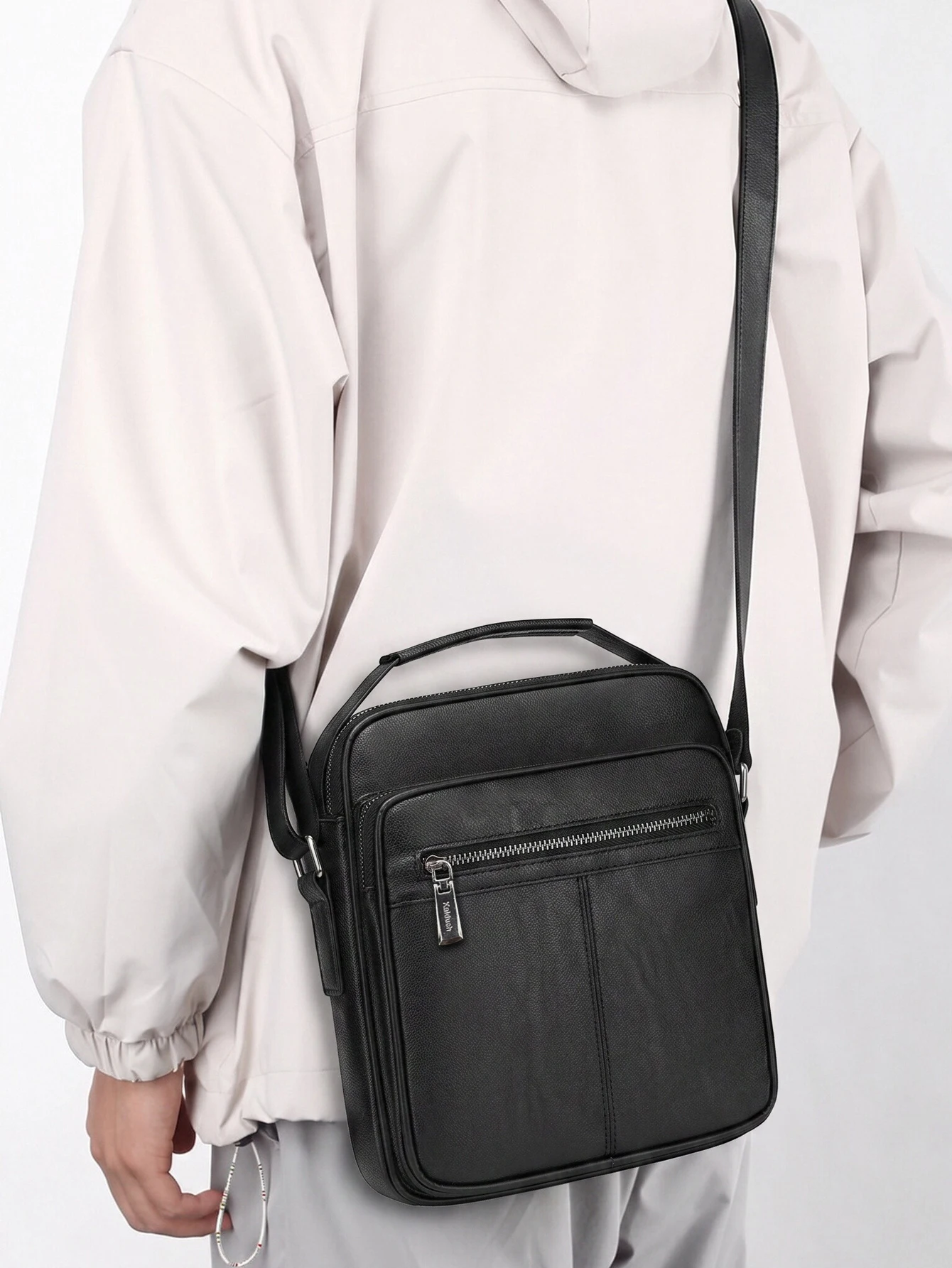 Men PU Leather Crossbody Bag With Top Handle, Multi Zipper Pockets Large Capacity Messenger Bag Fits 11 Inch Tablet