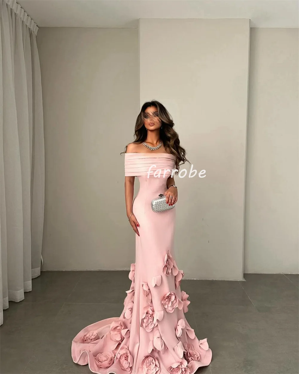 Customized Intricate Jersey Handmade Flower Pleat Mermaid Off-the-shoulder Long Dresses Bespoke Occasion Dresses Exquisite