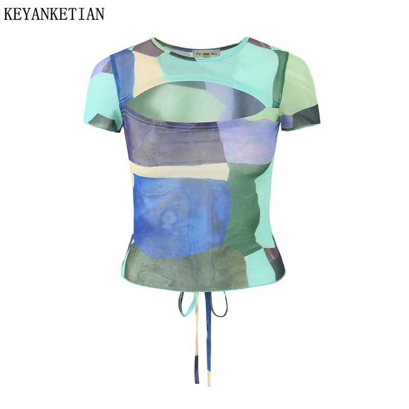 KEYANKETIAN 2024 New Launch Women Contrast Color Geometric Tulle T-Shirt Summer Back Lace Up Short Sleeve Hollow out Skinny Top