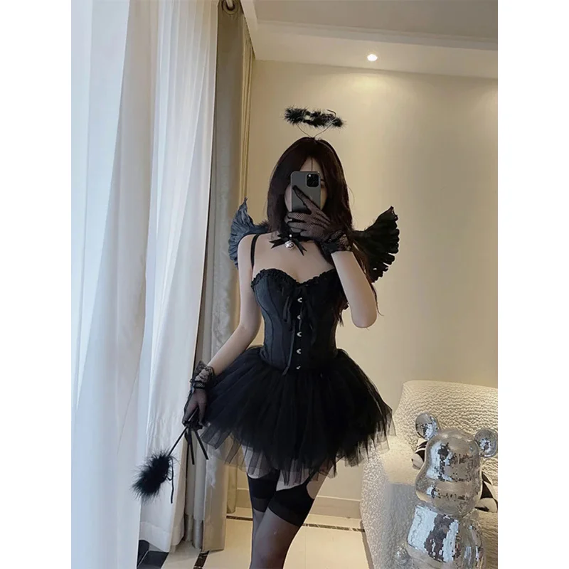 Ensemble 2 pièces féerique coréen pour femmes, camisole blanche à col en V, tutu en maille, jupe trapèze, costume de fête d'Halloween, cosplay d'ange