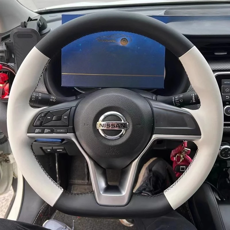 Hand Stitched Non-Slip Black Yellow Genuine Leather Car Steering Wheel Cover For Nissan X-Trail Qashqai Rogue (Sport) 2017-2019