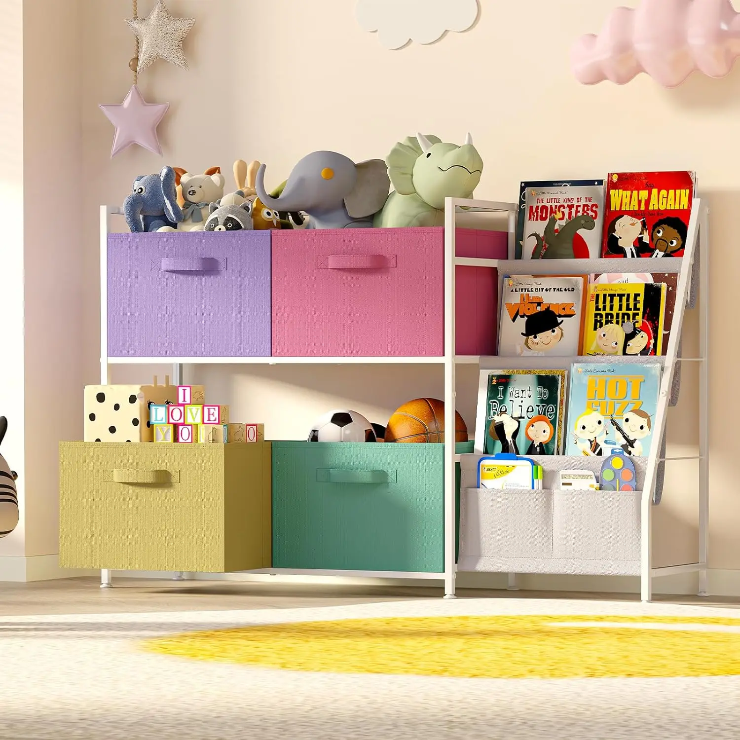 

Kids Bookshelf Toy Storage Organizer,Book Shelf For Kids Rooms,Toy Box Chest With Adjustable Dividers And Sliding Kids