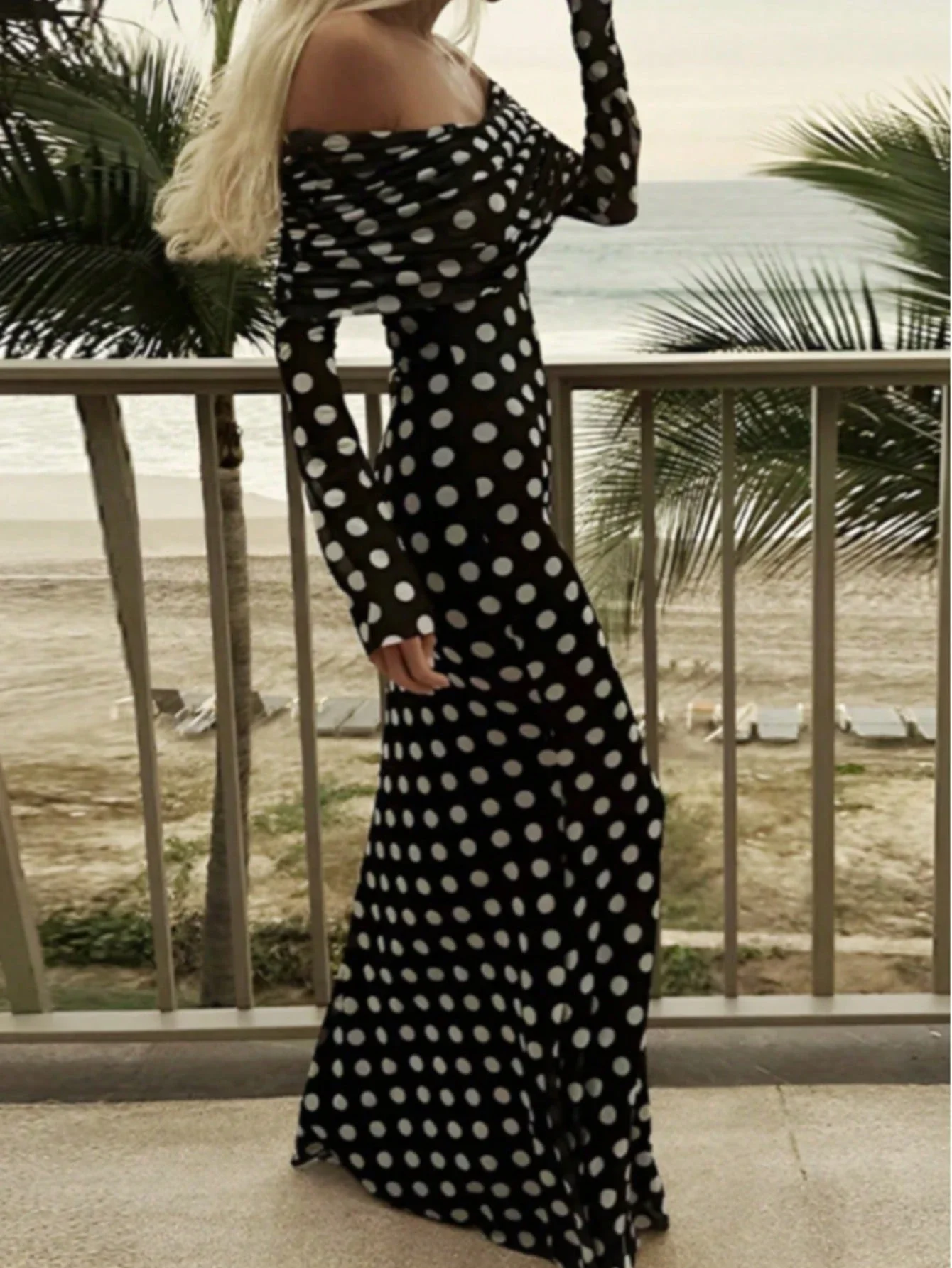 

Women Off Shoulder Long Sleeve Polka Dot Maxi Dress Black