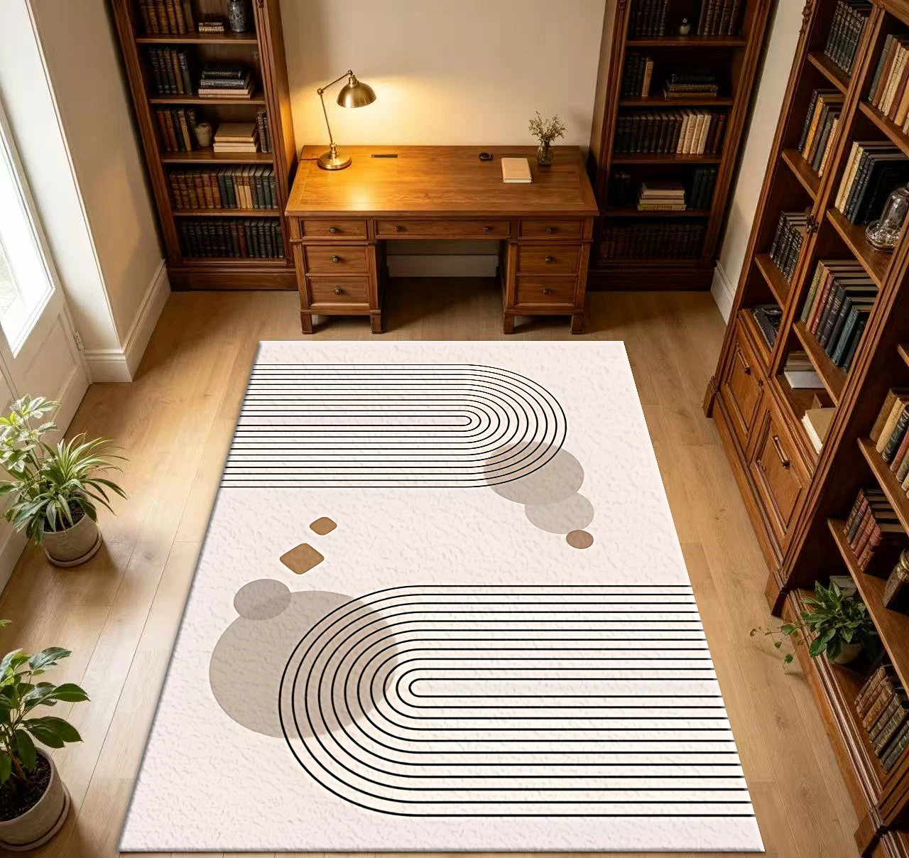 Boho Mid‑Century Curved Arch Geometric Carpet Flooring, Neutral Beige Tone Indoor Home Area Rug
