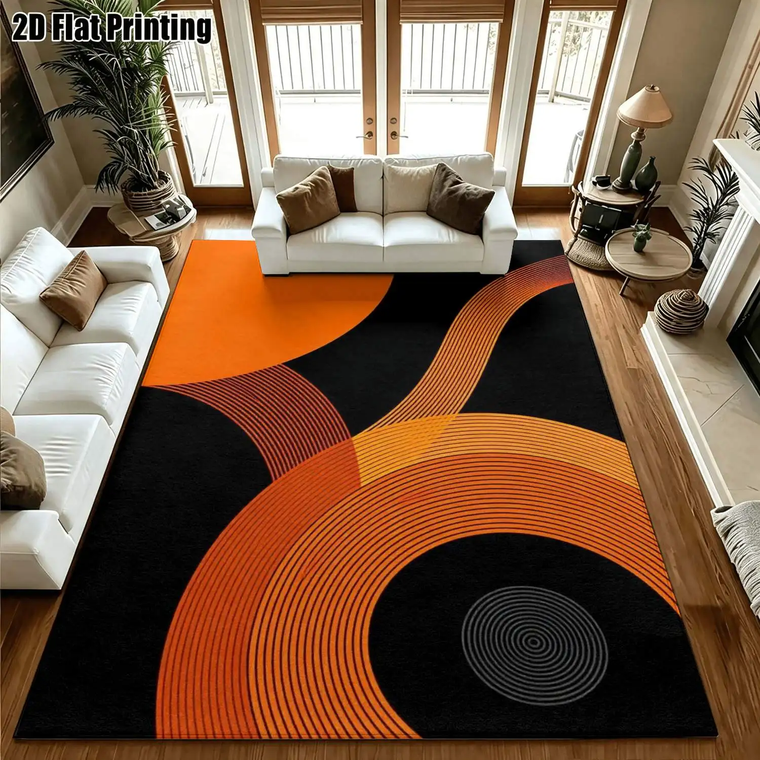 1Pc 2D Printed Nordic Style Orange Geometric Stripe Carpet, Instagram-Style Floor Mat, Modern Minimalist Abstract Art Rug, Machine Washable, Multi-Size, Suitable for Home Decor: Entrance, Dining Room, Foyer, Bedroom, Living Room