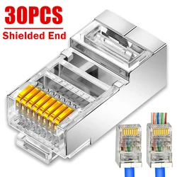 1/10/30 Uds conector RJ45 CAT7 CAT6 CAT5 paso a través de enchufes modulares blindados 50U chapado en oro extremo Ethernet enchufe de Cable Lan de red