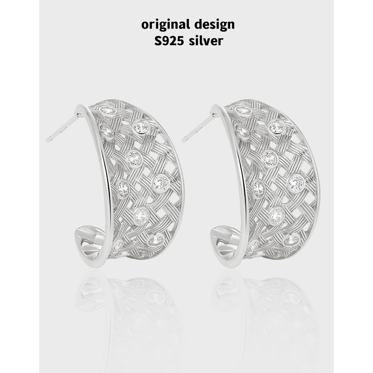 

Original S925 sterling silver hollow woven mesh inlaid zircon stud earrings for women fashion luxury banquet jewelry