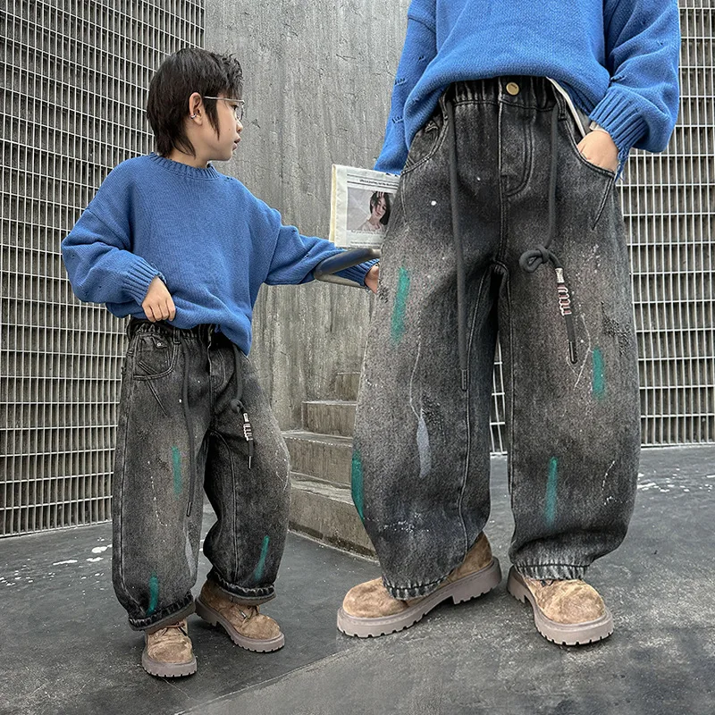 

Autumn Kids Spring Graffiti Denim Pants Sweatpants Child Distressed Baggy Jeans with Drawings for Teenage Boys Hip Hop Trousers