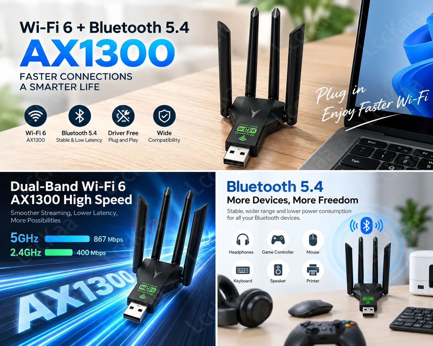 AX1300 WiFi 6 Bluetooth 5.4 USB-Adapter Dual-Band 2,4G/5G 1300Mbps WLAN-Karte WiFi-Dongle für PC Laptop Treiberfrei – Detail 4