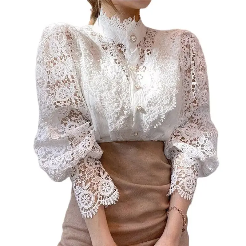

ABRT-Women Elegant Lace Trim Shirts Casual Victorian Blouse Long Sleeve Button Down Tops