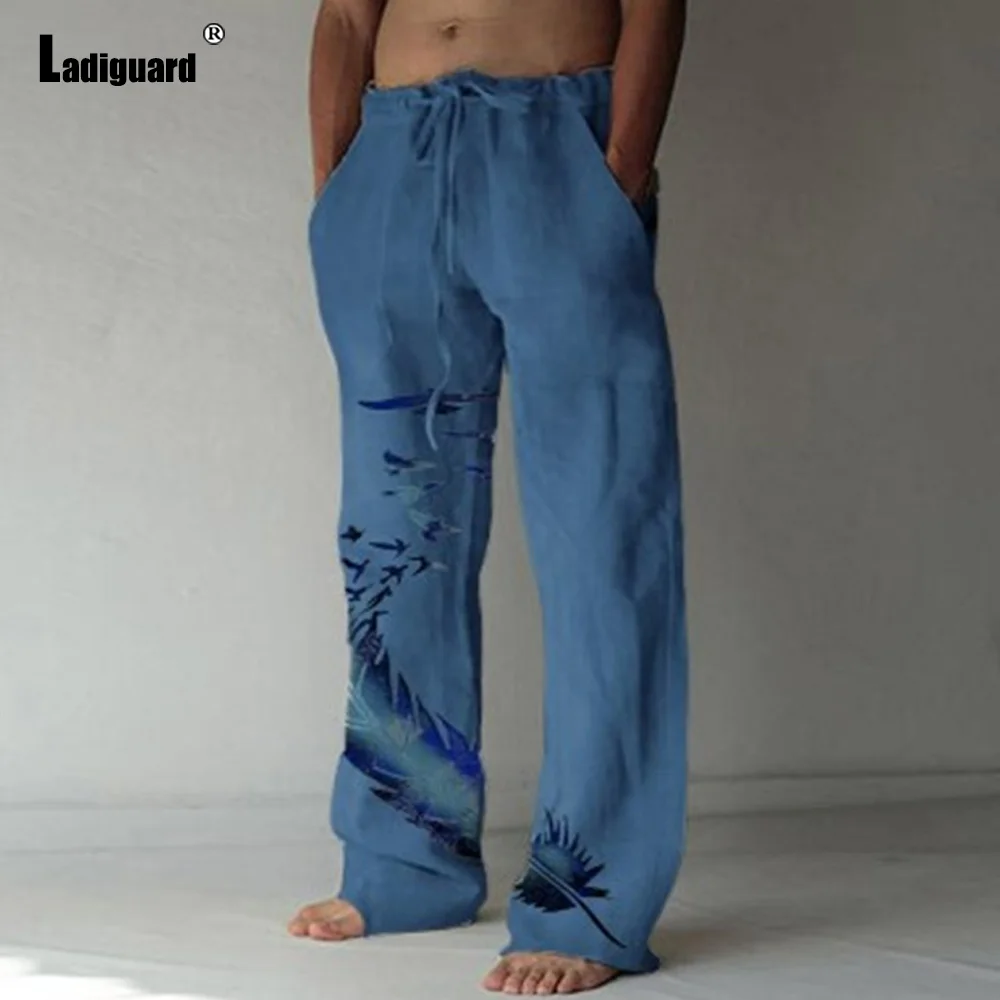 

Ladiguard 2022 Summer New Pocket Design Linen Pants Casual Drawstring Trouser Plus Size Mens Fashion Tree Birds Print Sweatpants