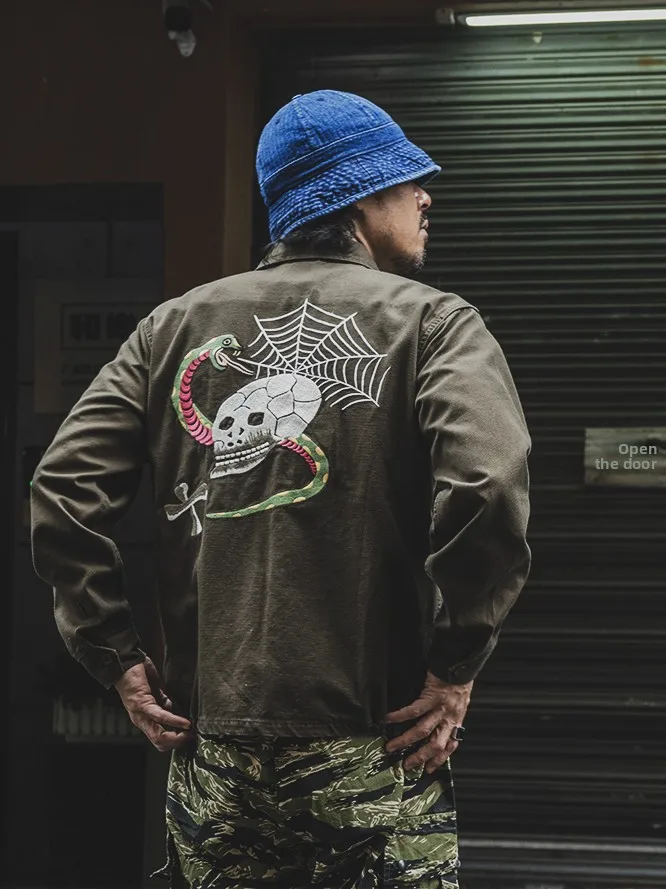 

American Retro Non Sto Vietnam War Snake X Skeleton Embroidery Memorial Jaet Horizontal Yokohama Skeleton Collar Coat