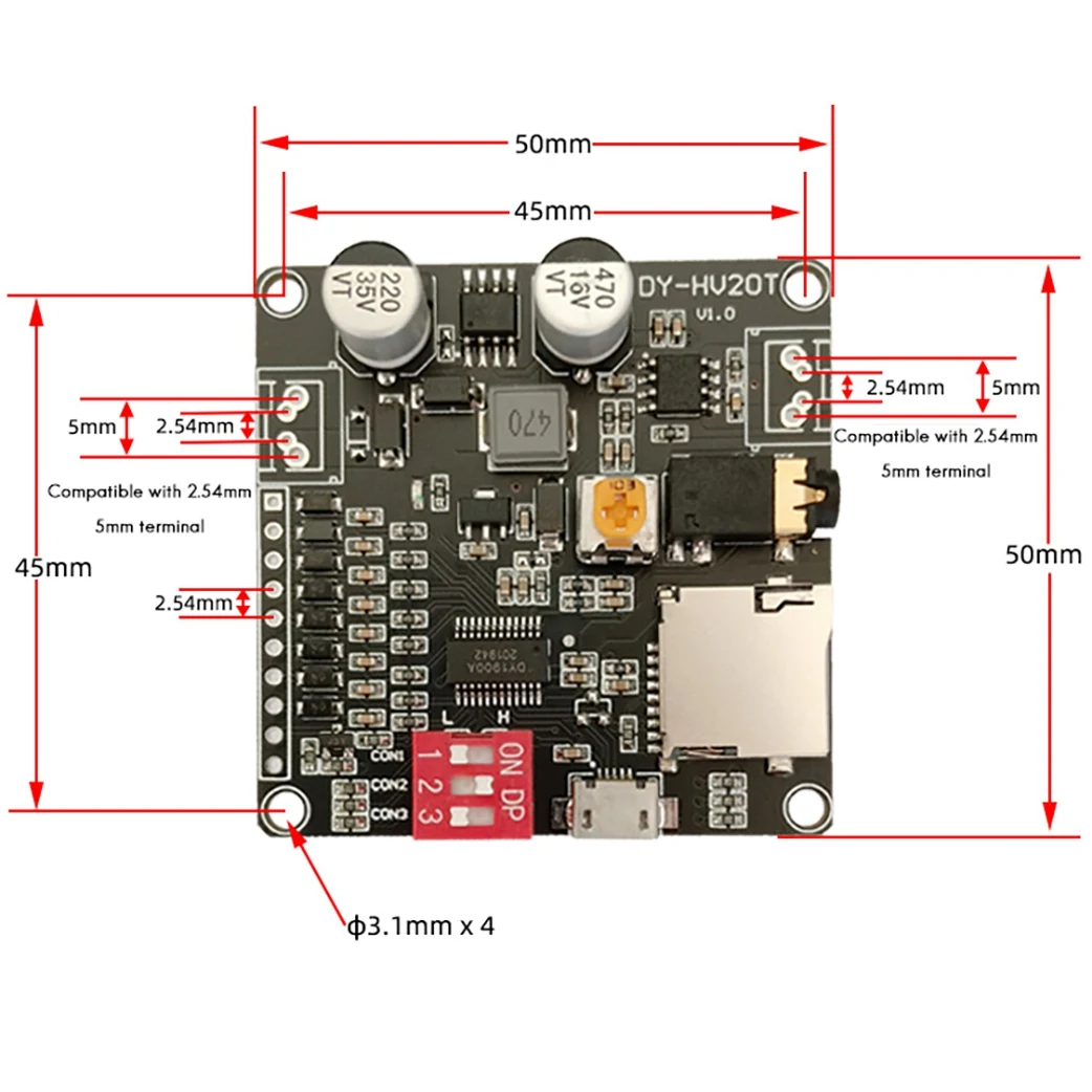 DY-HV20T Voice Playback Module 12 V/24 V Voeding 10 W/20 W Versterker Ondersteuning Micro-SD-kaart MP3 Muziekspeler voor Arduino